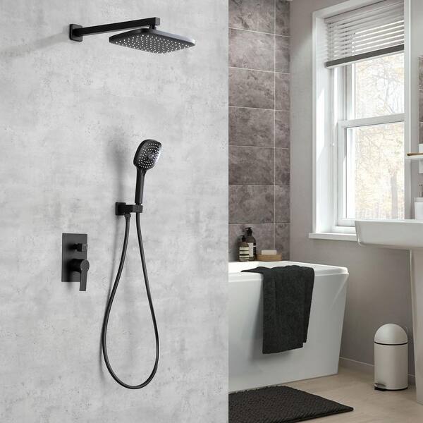 WELLFOR DT 12-in Rain Shower Head Wall Mount Matte Black Dual Head Waterfall Built-in Shower Faucet System with 2-Way Diverter Valve Included