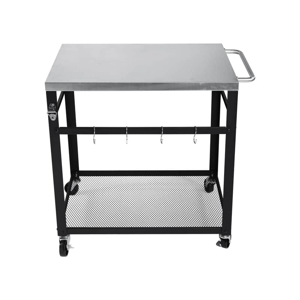2-Tier Black Metal Outdoor Grill Cart, Rolling Pizza BBQ Prep Table with Stainless Steel Top, Mesh Shelf & 4 Hooks price history on PriceWatchPro