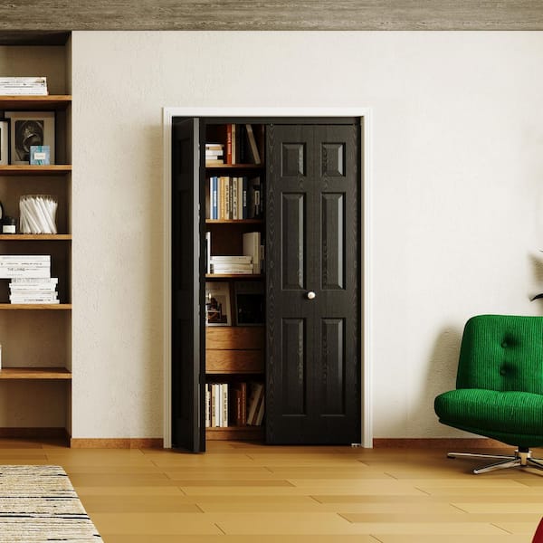 TENONER 48 in. x 80 in. 6 Panel, Textured, MDF, Black, Hollow Core