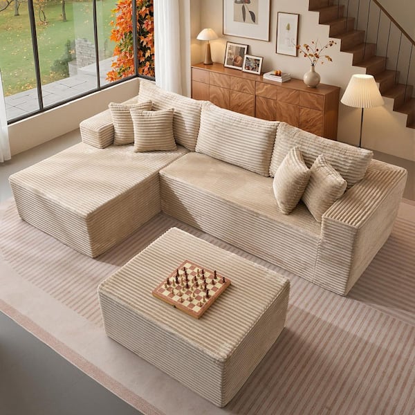 Allwex BP 108 in. Wide Arm 2-Piece Modern Plush Corduroy L-Shape Modular Sectional Sofa in. Beige with Right Chaise and Ottoman