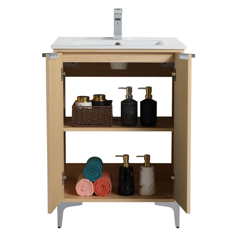 Natural Oak 24" Bathroom Vanity with White Ceramic Sink