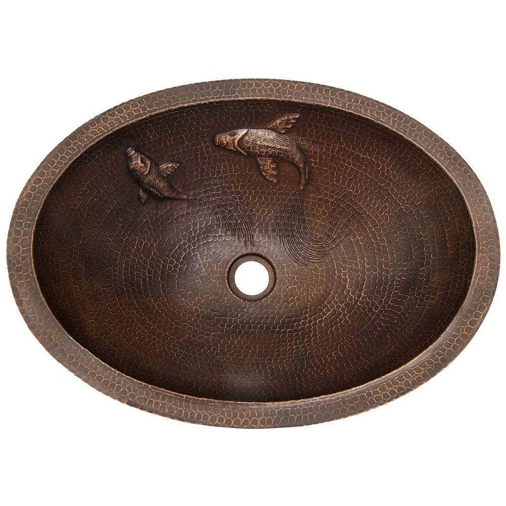 19" Oval Hammered Copper Undermount Sink with Koi Fish Design