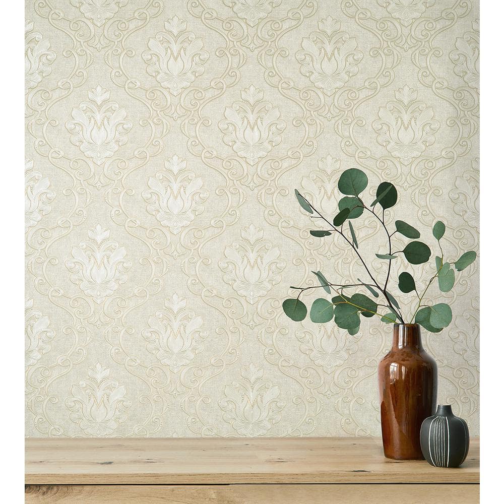 Florentine Neutral Damask Heavy Weight Vinyl Wallpaper, 20.9-in by 33-ft