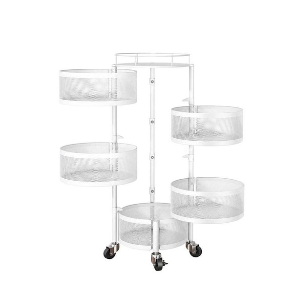 5-Tier Fruit Vegetable Basket with Top Lids, 360° Swivel Wheels and 270° Rotating Baskets for Kitchen Storage, White