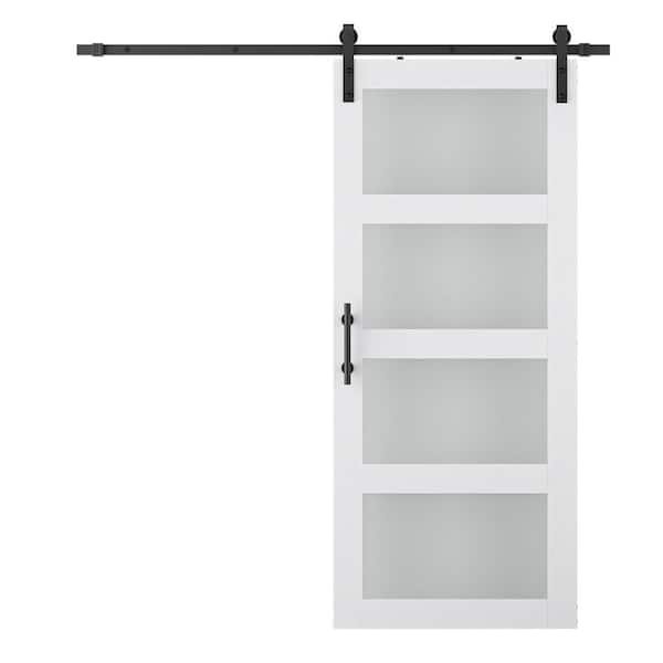 GOLDENPOLEY 30 in. x 84 in. 4-Lite Frosted Glass White PVC Finished Solid Core MDF Sliding Barn Door with Hardware Kit