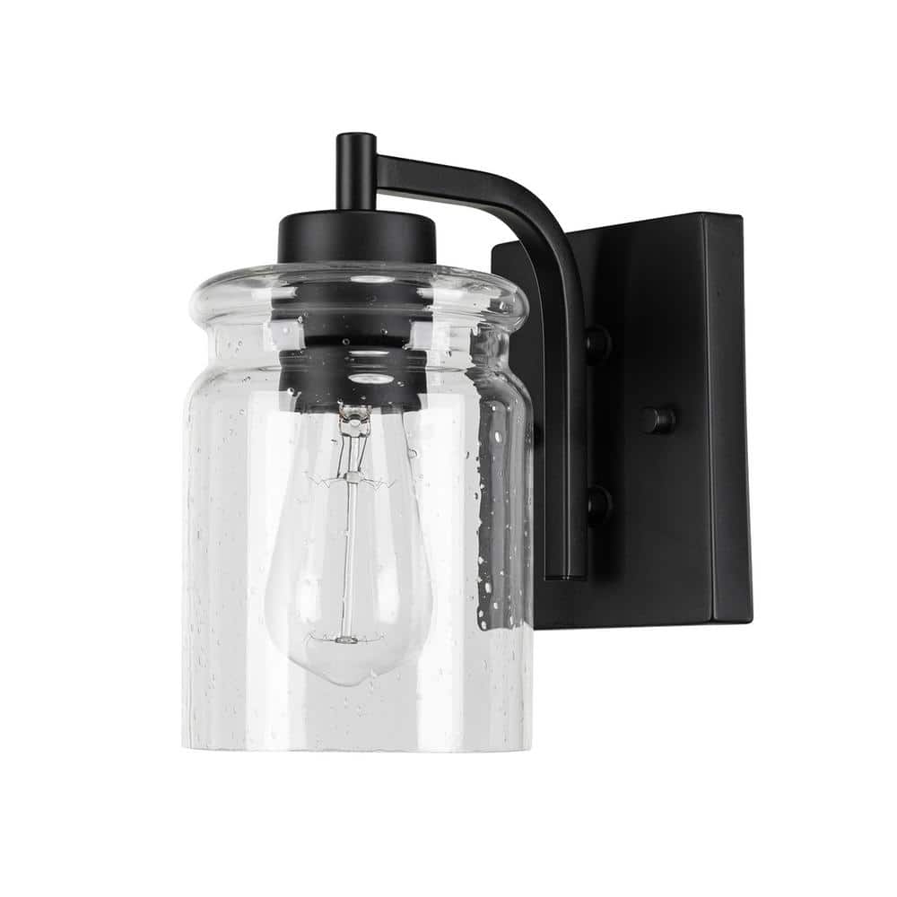 Crowe Matte Black Midcentury Outdoor 1-Light Wall Sconce with Seeded Glass 
