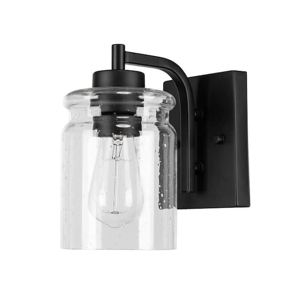 Crowe Matte Black Midcentury Outdoor 1-Light Wall Sconce with Seeded Glass Shade