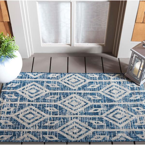 Courtyard Navy/Gray 4 ft. x 6 ft. Striped Geometric Diamond Indoor/Outdoor Area Rug