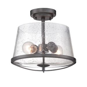 Darby 12 in. 2-Light Farmhouse Weathered Iron Semi Flush Mount Ceiling Light with Clear Seedy Glass Shade