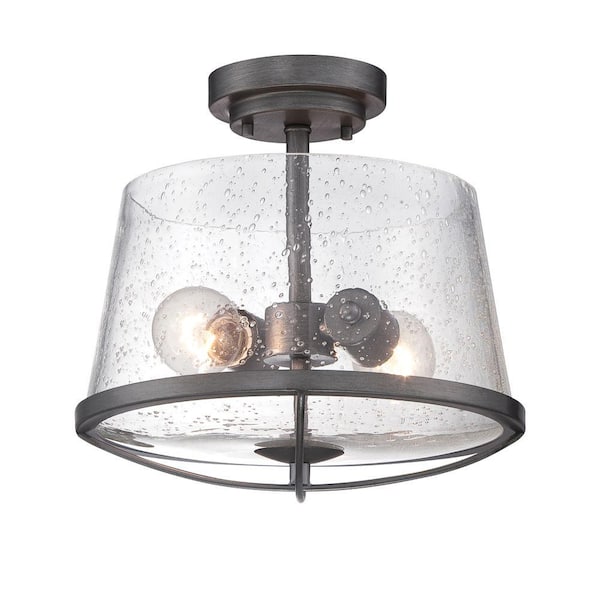 Designers Fountain Darby 12 in. 2-Light Farmhouse Weathered Iron Semi Flush Mount Ceiling Light with Clear Seedy Glass Shade