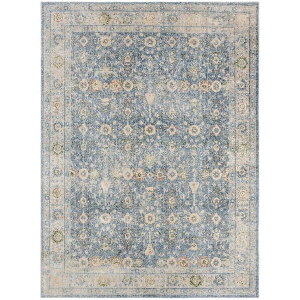 Teal Beige Floral Synthetic Washable Rectangular Area Rug 5' x 7'