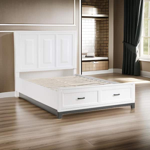 Benjara Thiem White and Gray Wood Frame Queen Size Platform Bed with 2 Storage Drawers