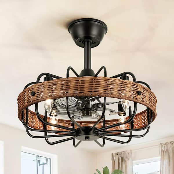 Avery 4-Light 18.5 in. Farmhouse Modern Brown Indoor Drum Woven Rattan Ceiling Fan Lighting with Remote Control