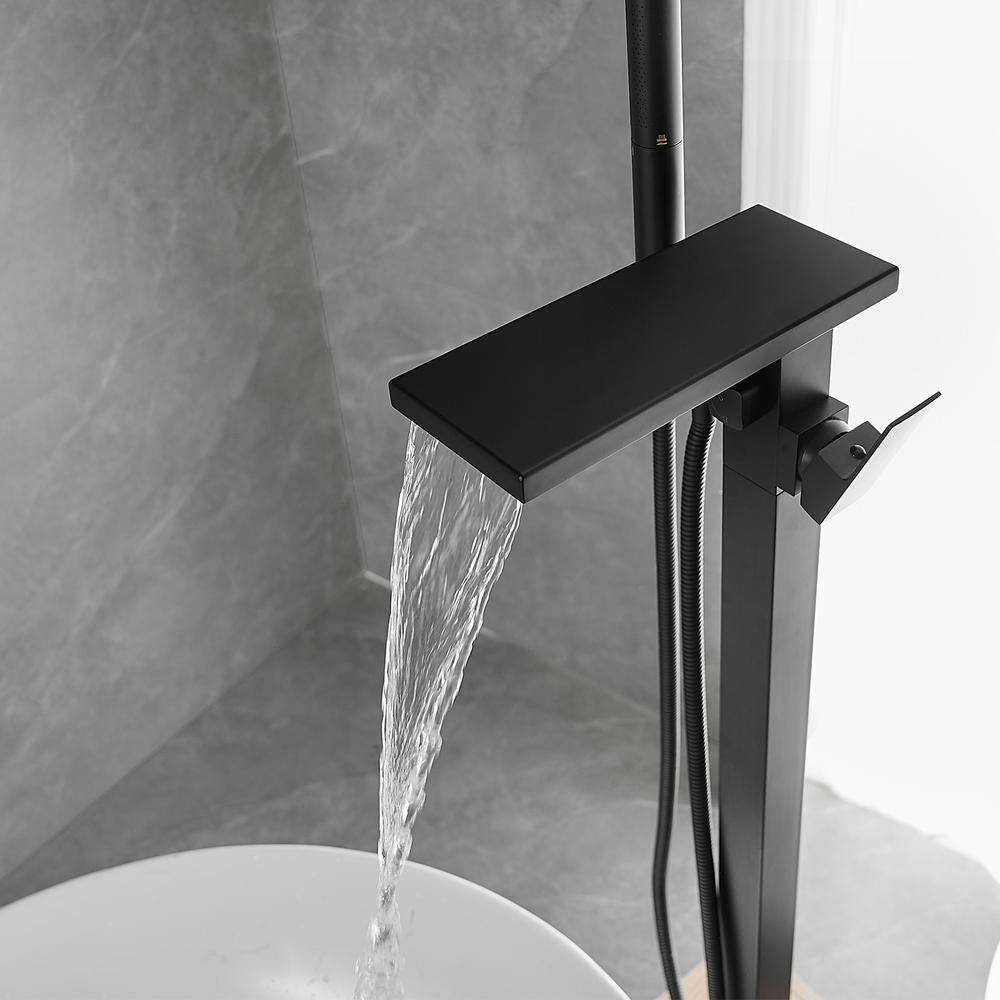 Matte Black Solid Brass Freestanding Tub Faucet with Hand Shower