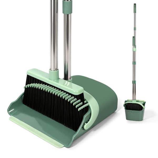 Broom and Dustpan Set, 54.33 Inch Long Handle Standing Design, Green