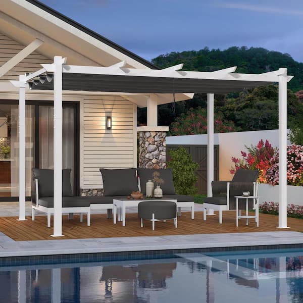 10 ft. W x 13 ft. D Patio White Aluminum Pergola with Gray Adjustable Sun Shelter Canopy and Extra Protective Roof