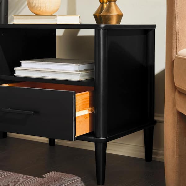 1-Drawer Black Solid Wood Transitional Storage Nightstand with Tapered Legs