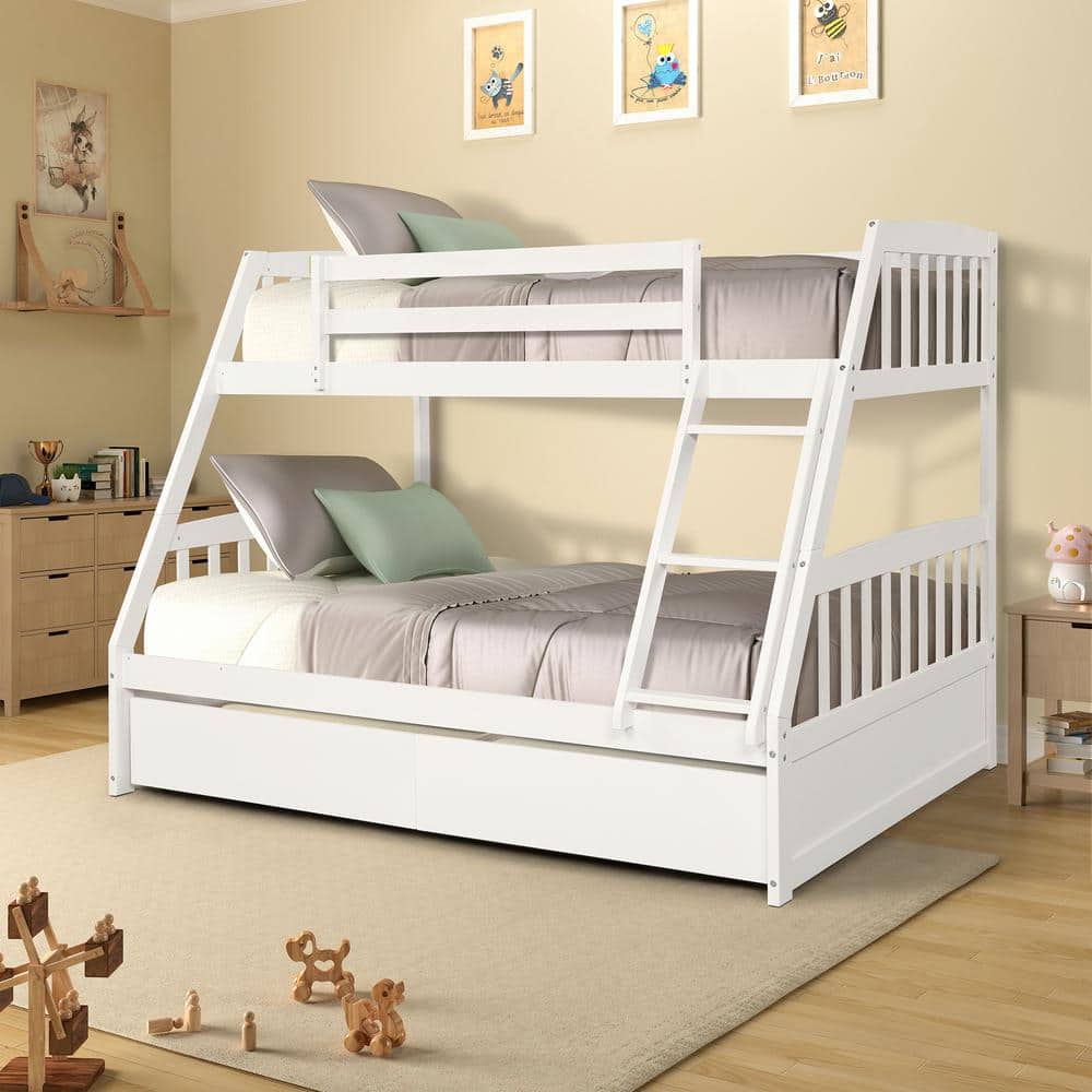 Full Bunk Bed With 2 Storage Drawers, Solid Wood Twin Over Full Bunk Bed With Trundle