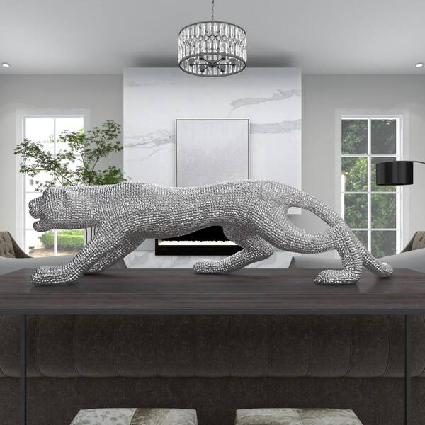 Litton Lane Caspian Silver 42 in. x 11 in. Polystone Floor Crouching Leopard Sculpture with Carved Faceted Diamond Exterior