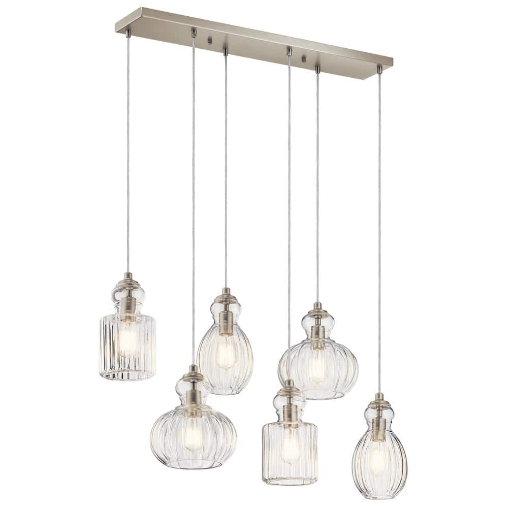 Brushed Nickel 6-Light Linear Chandelier with Clear Glass Shades