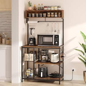 33.3in Rustic Brown Kitchen Baker's Rack with Power Outlet, Paper Towel Holder, Wire Basket, 10 S Hooks, and Towel Rod
