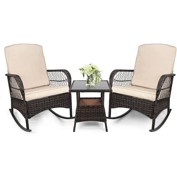 LeveLeve 3-Piece Outdoor Wicker Rocking Bistro Set Conversation Chairs PE Rocking Chairs Set with Sand