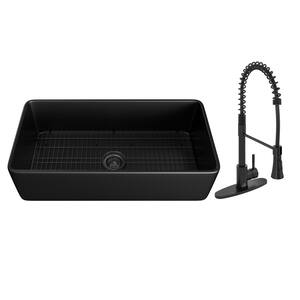 Black Fireclay 36 in. Single Bowl Farmhouse Apron Kitchen Sink with Two-function Sprinkler Kitchen Faucet