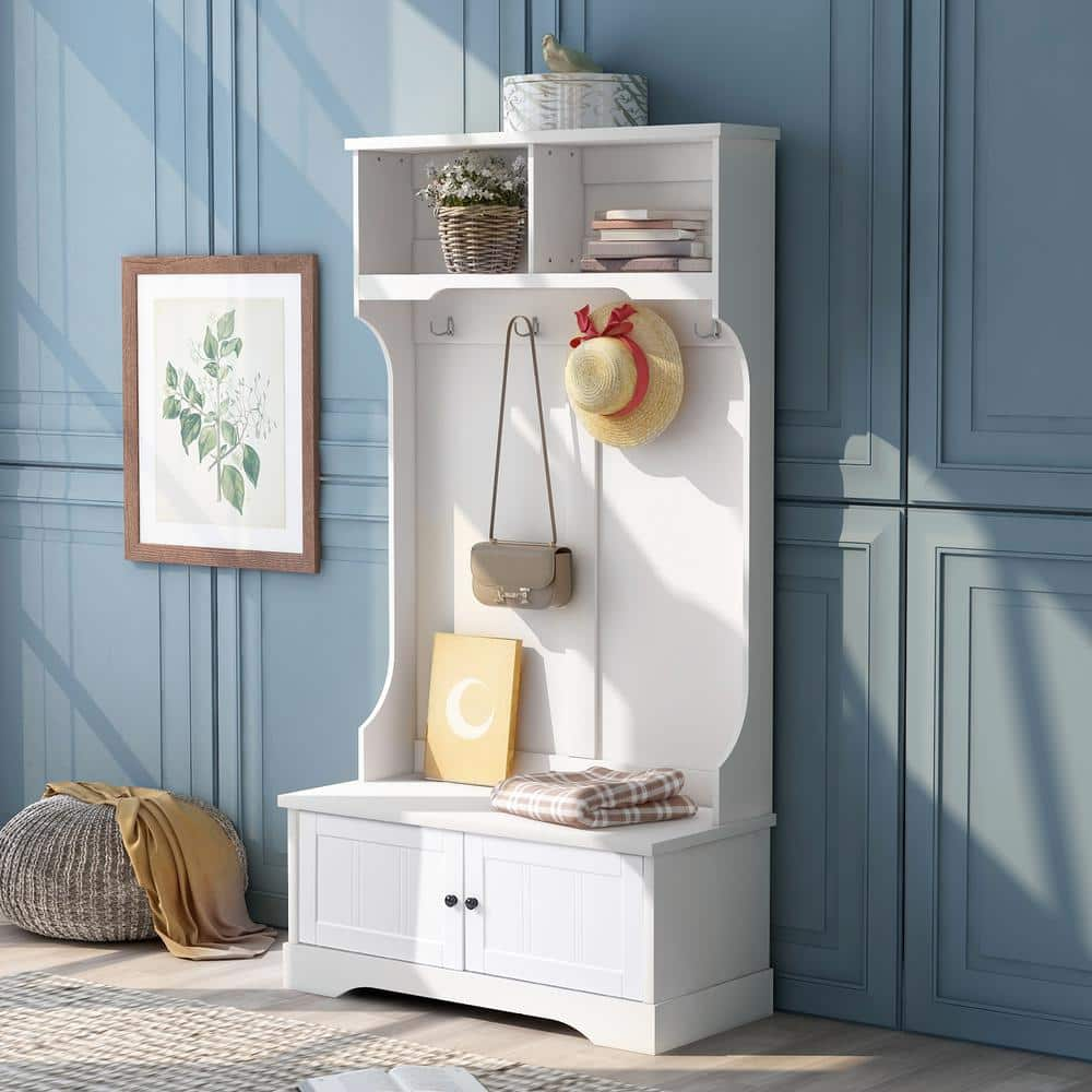 URTR White Hall Tree with Storage Bench, Entryway Bench with Shelves ...