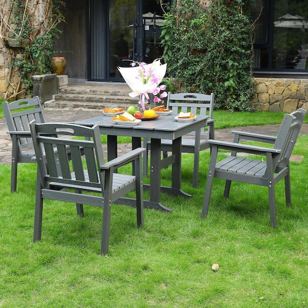 Kira Gray 5-Piece HDPE Plastic Square Patio Outdoor Dining Table Set with 4 Vertical Slatted Back Chairs