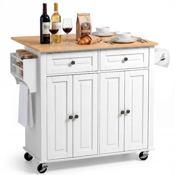 White Wood Kitchen Cart 43.58 in. with 2 Drawers, Storage Cabinet, Drop Leaf