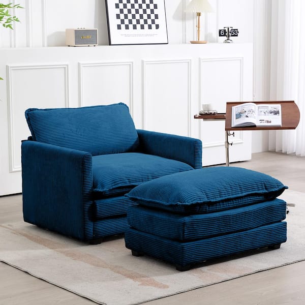 JEAREY Modern Navy Corduroy Accent Armchair with Ottoman for Living