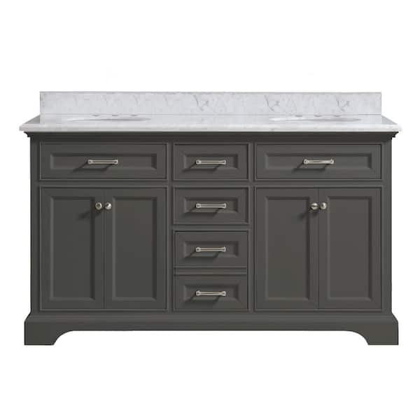 Windlowe 61 in. Double Sink Gray Bath Vanity with White Carrara Marble Top (Assembled)