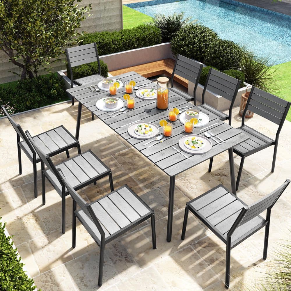 70 in. Gray Aluminum Wood-Like Outdoor Dining Set with Umbrella Hole and Stackable Armless chairs (9 Pieces) price history on PriceWatchPro