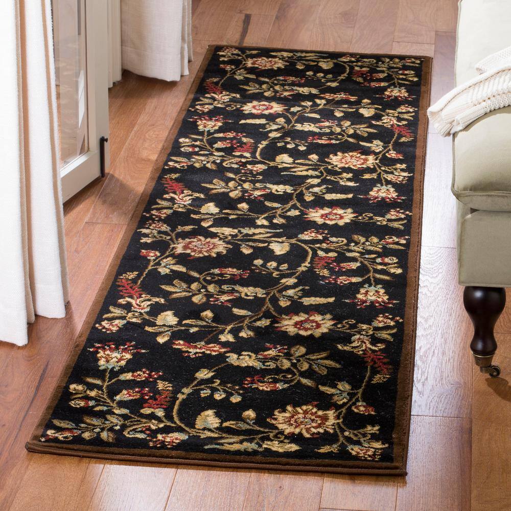 Black Floral Synthetic Runner Rug, 2'3" x 8'