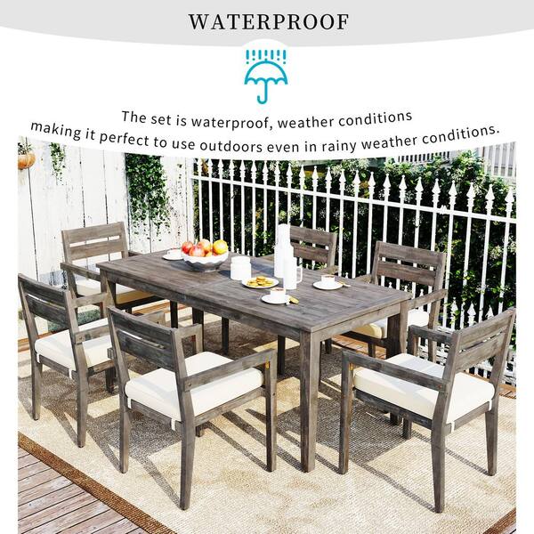 7 Piece Wood Outdoor Dining Set Dining Table and Chairs Set with Beige Cushion for Patio Backyard Kitchen Dining Room