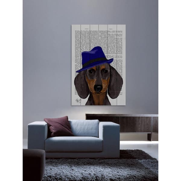 Unbranded 18 in. H x 12 in. W "Dachshund with Blue Trilby" by Marmont Hill Printed White Wood Wall Art