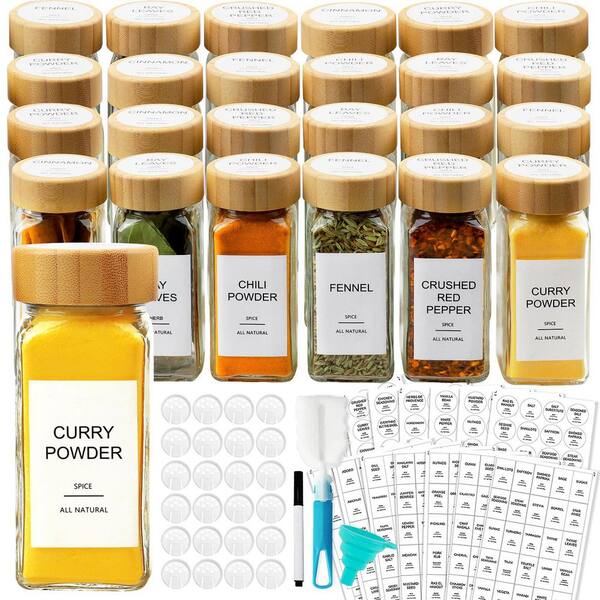 24-Pack 4 oz Square Glass Spice Jars with Bamboo Lids, Shaker Tops, and 398 Waterproof Labels