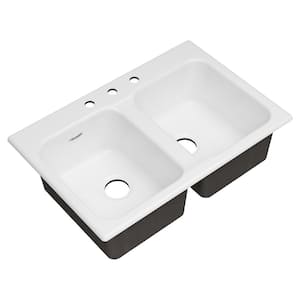Quince Drop-In Cast Iron 33 in. 3-Hole Double Bowl Kitchen Sink in Brilliant White