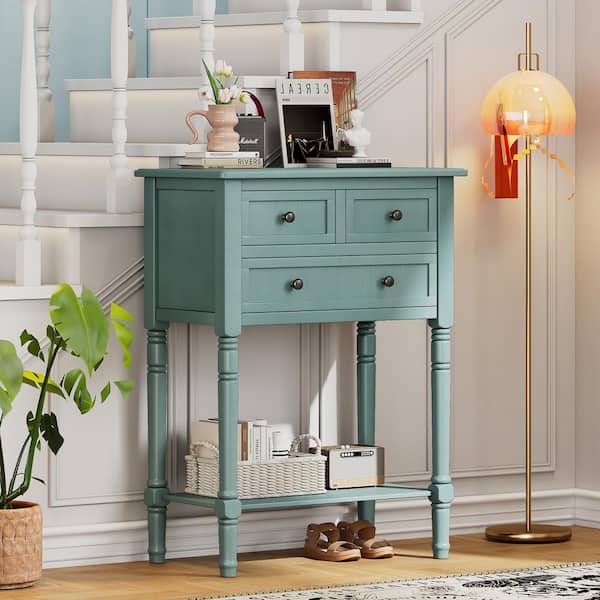 CSC DECOR INC 23.7 in. H Light Blue Rectangle Wood Console Table Narrow End Table  Slim Sofa Table w/ 3-Storage Drawers & Bottom Shelf