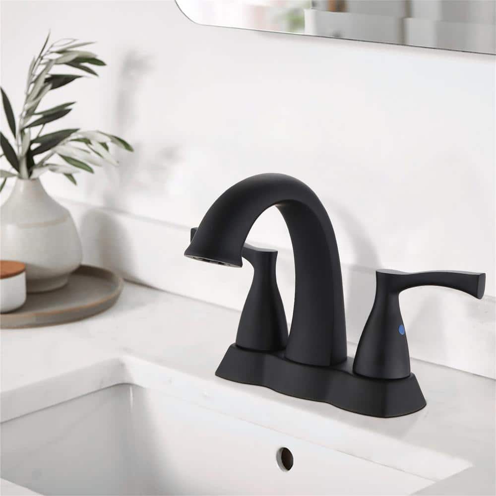 Matte Black Brass Double Handle Bathroom Faucet with Drain Kit