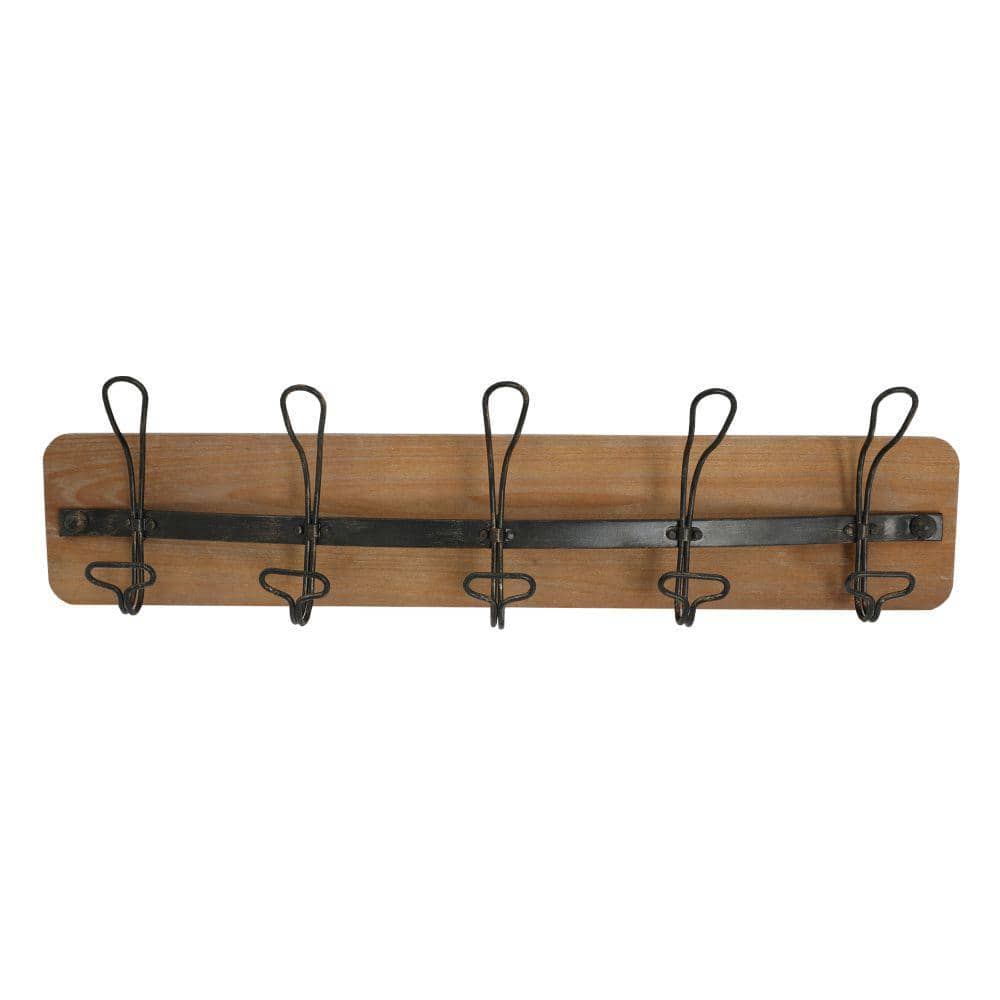 Set of 2 Coat Hooks Wall Mount with Shelf 26inch Rustic Wood Coat Rack with  5 Dual Metal Hooks 