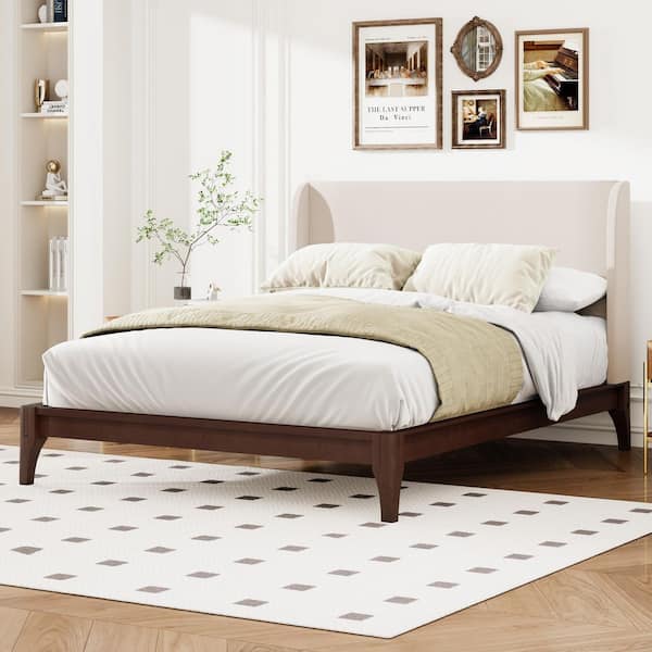 Chocolate/Brown Wood Frame King Size Platform Bed with Upholstered High Headboard