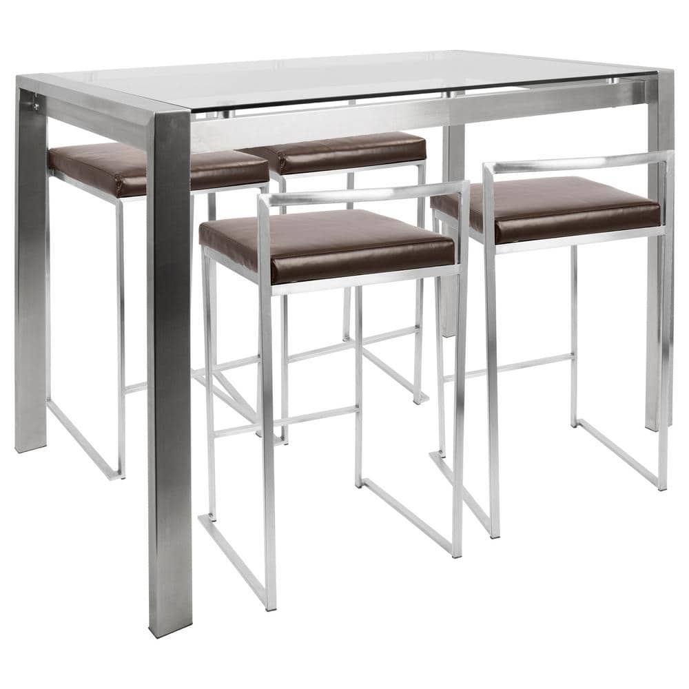 Sleek Fuji 5-Piece Counter Height Dining Set in Chrome and Brown