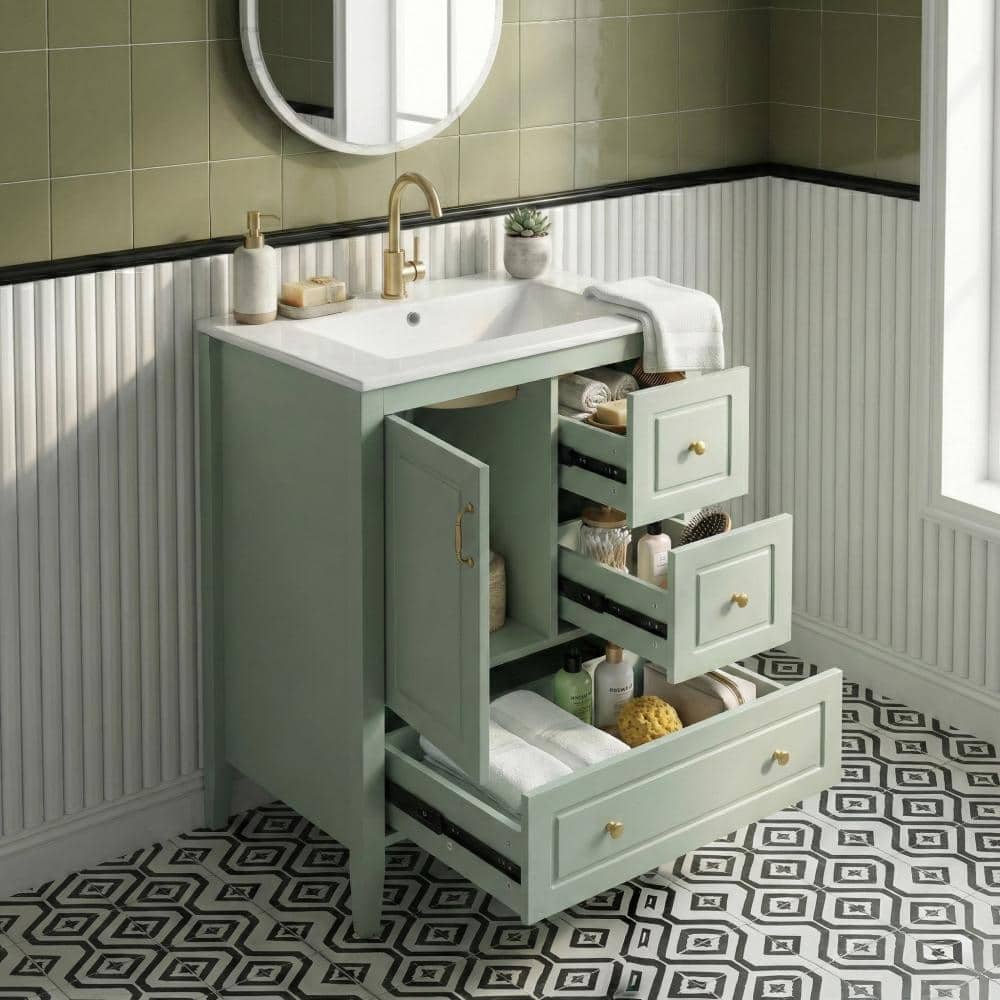 24 in. W x 18.3 in. D x 36 in. H Single Sink Light Green Freestanding Bath Vanity with White Ceramic Top Unassembled