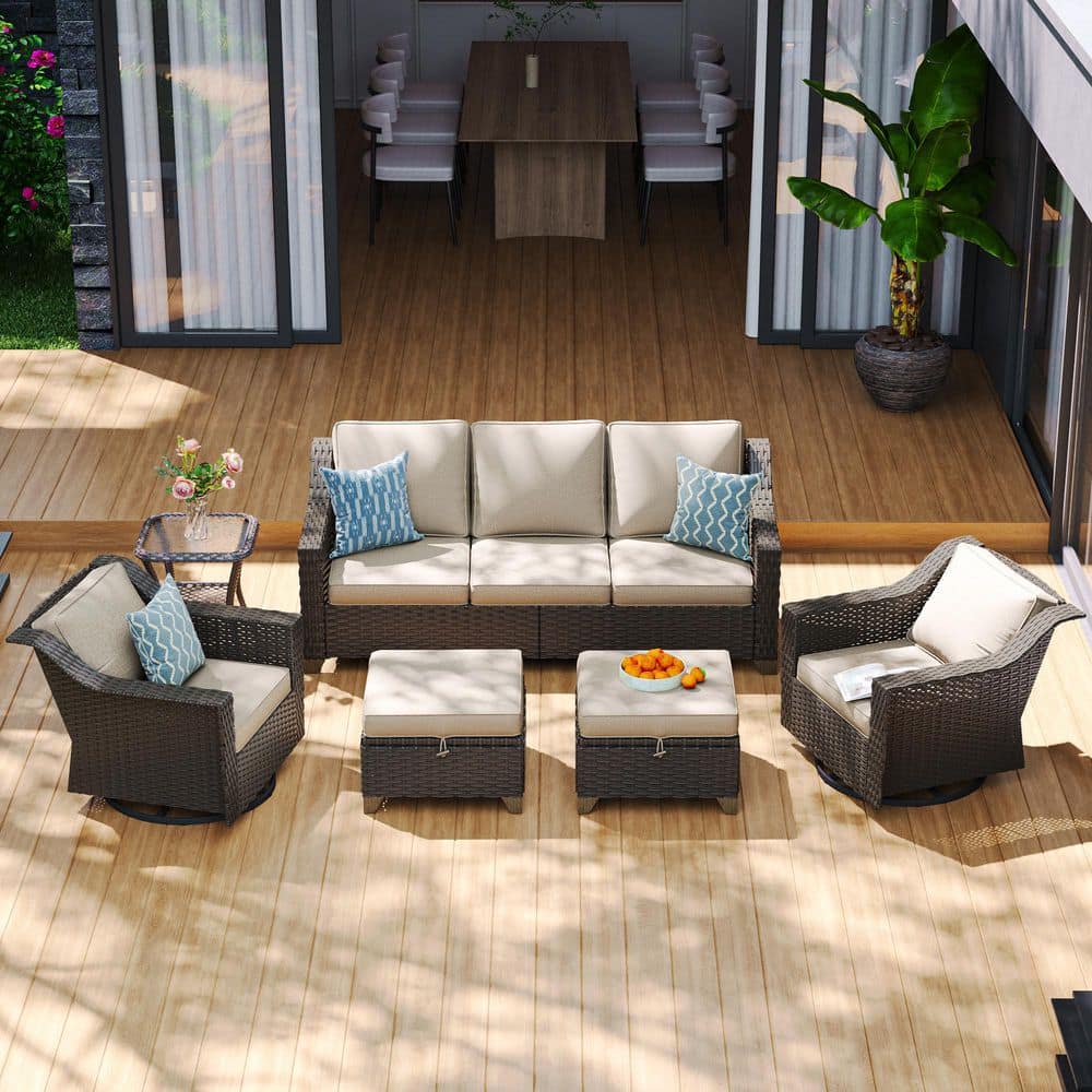 6-Piece Stylish Wicker Patio Conversation Set Outdoor Swivel Rocking Chair Set and Ottoman with Thick Beige Cushions