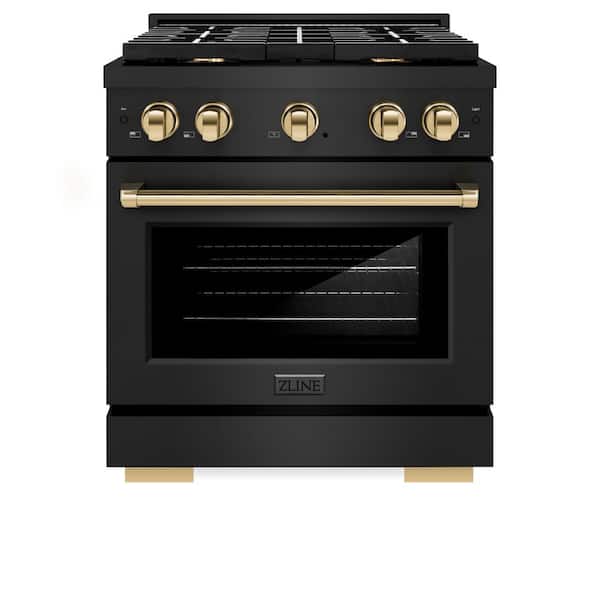 ZLINE Kitchen and Bath Autograph Edition 30 in. 4-Burner Freestanding Gas Range and Convection Oven in Black Stainless Steel and Polished Gold