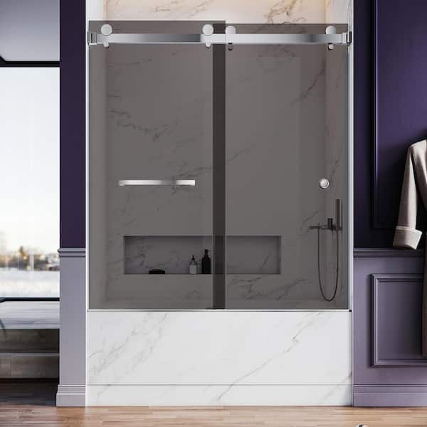 UNIKOO UKD01 56 to 60 in. W x 66 in. H Double Sliding Frameless Bathtub Door in Chrome with EnduroShield 3/8 in. Tinted Glass