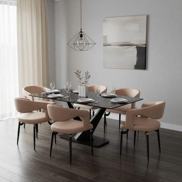 Entice Modern Dining Chairs Upholstered Leather Seat Curved Open Back with Black Iron Legs in Taupe