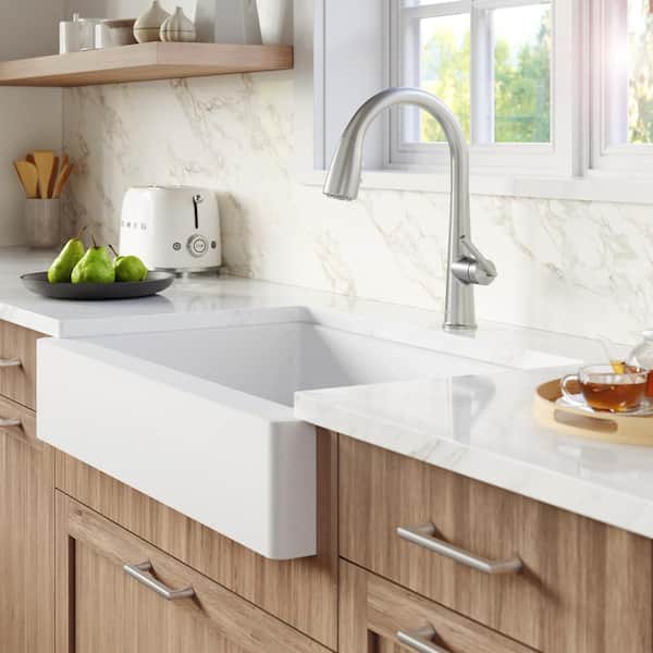 Retrofit Farmhouse Apron Front Quartz/Granite Composite 34 in. Double Bowl Kitchen Sink in White