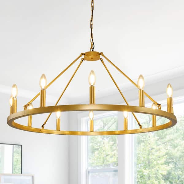 Magic Home 37 in. 12-Light Gold Classic Adjustable Height Metal Ceiling Light Farmhouse Wagon Wheel Chandelier for Kitchen Island